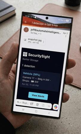 Phone showing an urgent email alert from SecuritySight: person detected on Camera 10 with 88% confidence, timestamp, and snapshot attachment