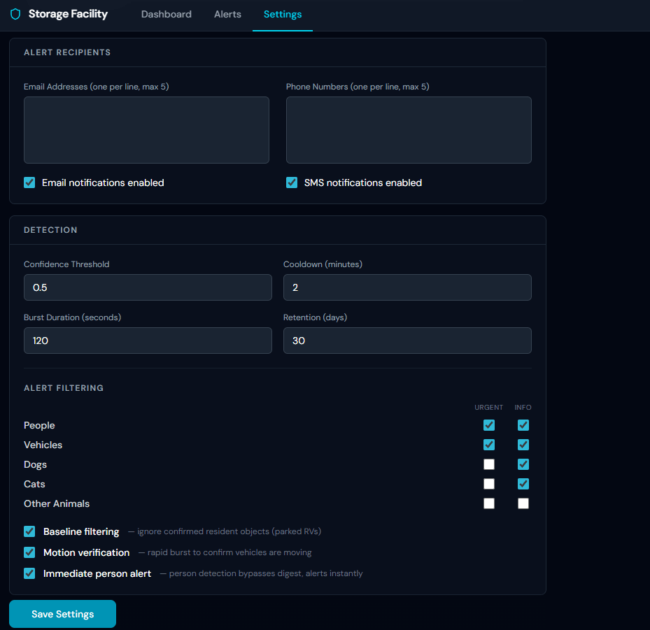 SecuritySight settings panel showing detection configuration: confidence threshold, cooldown, alert filtering matrix for people vehicles dogs cats with urgent and informational toggles, baseline filtering, and motion verification options