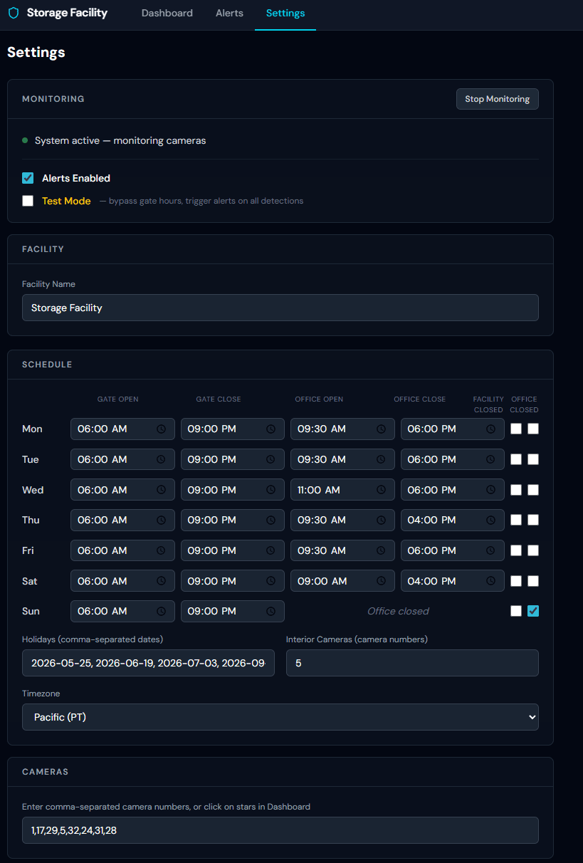 SecuritySight settings page showing facility schedule configuration: gate open and close times, office hours for each day of the week, holidays, timezone, and monitored camera selection